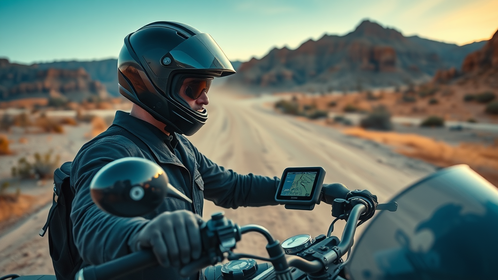 adventurous motorcycle rider following detailed navigation prompts on handlebar-mounted GPS unit along dusty desert trail using off road navigation technology