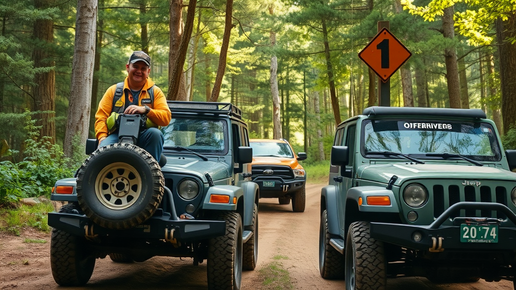 environmentally conscious off-roaders at trail marker, group etiquette, lush forest background, forest service trail