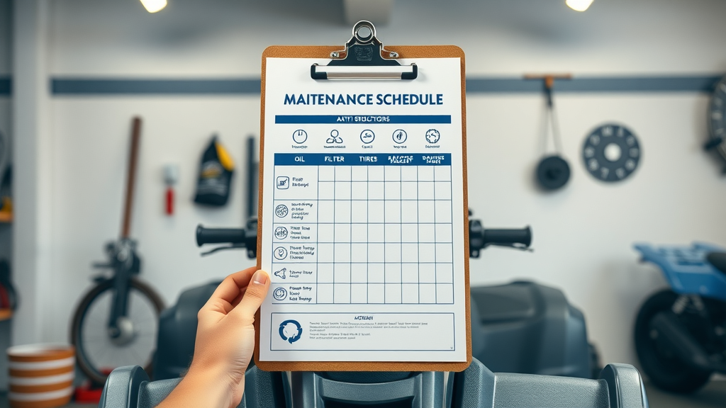 Informative infographic-style visual of an ATV maintenance schedule on a clipboard; icons for oil, air filter, tires, brakes; color-coded, organized appearance.