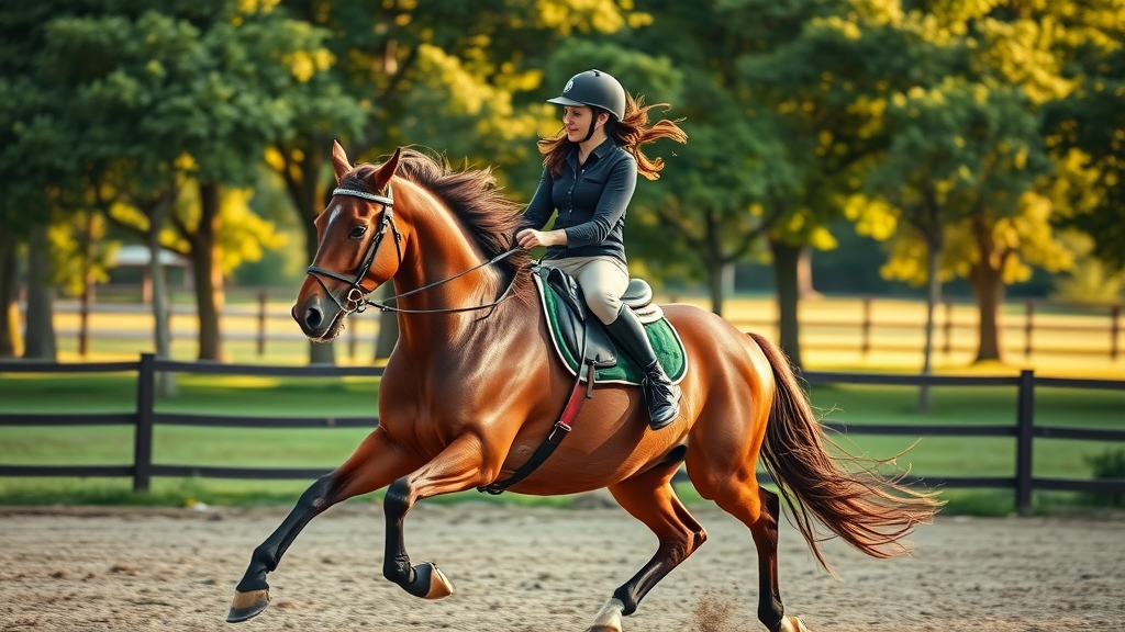 Dynamic horse and rider pair moving in harmony during a canter, showcasing the benefits of mastering riding posture techniques in a lush outdoor arena setting.