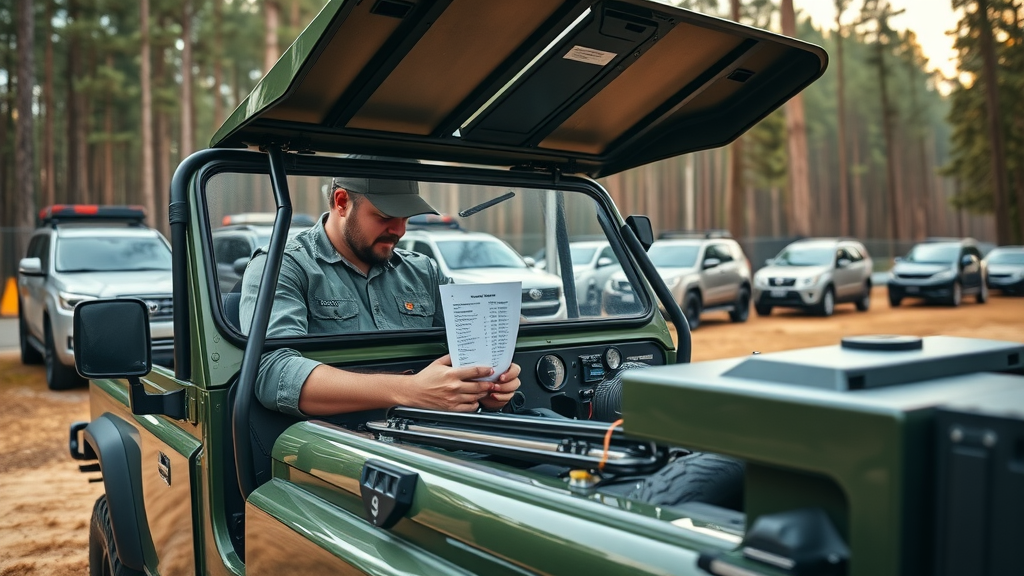 Well-equipped off-road vehicle with safety gear checked, pre-trip inspection for recreational off-roading