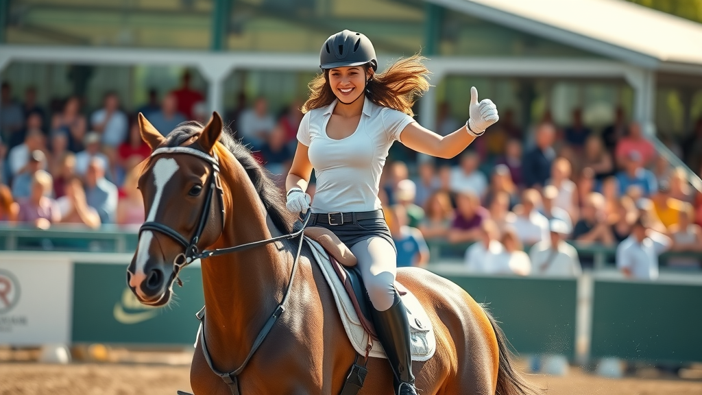 female equestrian demonstrating proper horseback riding posture in an arena, showcasing horseback riding exercises in action