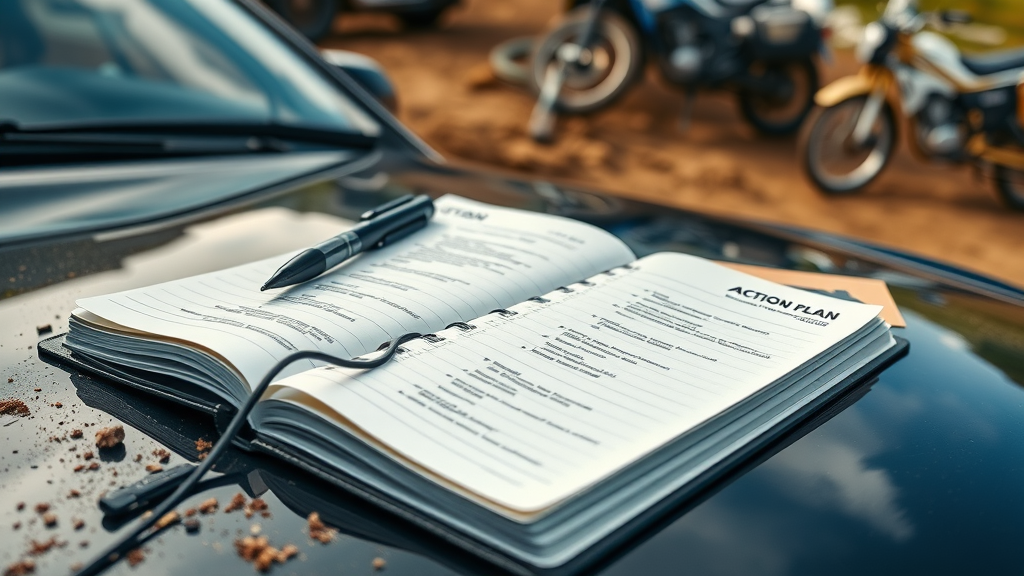 Detailed action plan journal opened on a car hood, incremental off-road driving skills steps outlined, mountain trail parking area