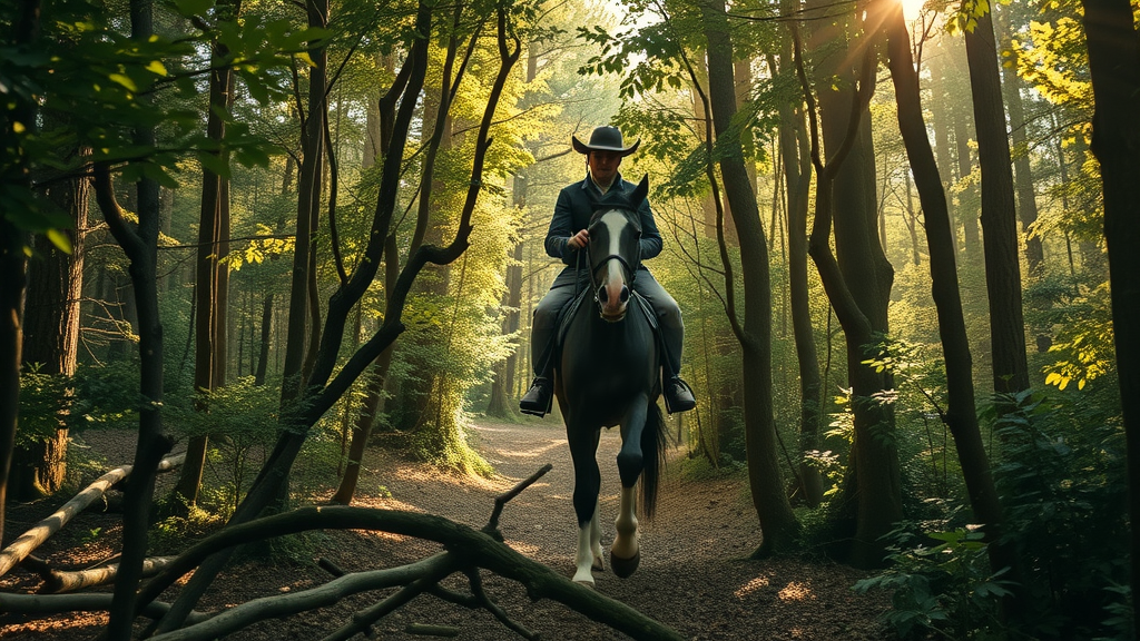 skilled rider confidently guiding a horse through forest trail for advanced trail riding and back riding tips