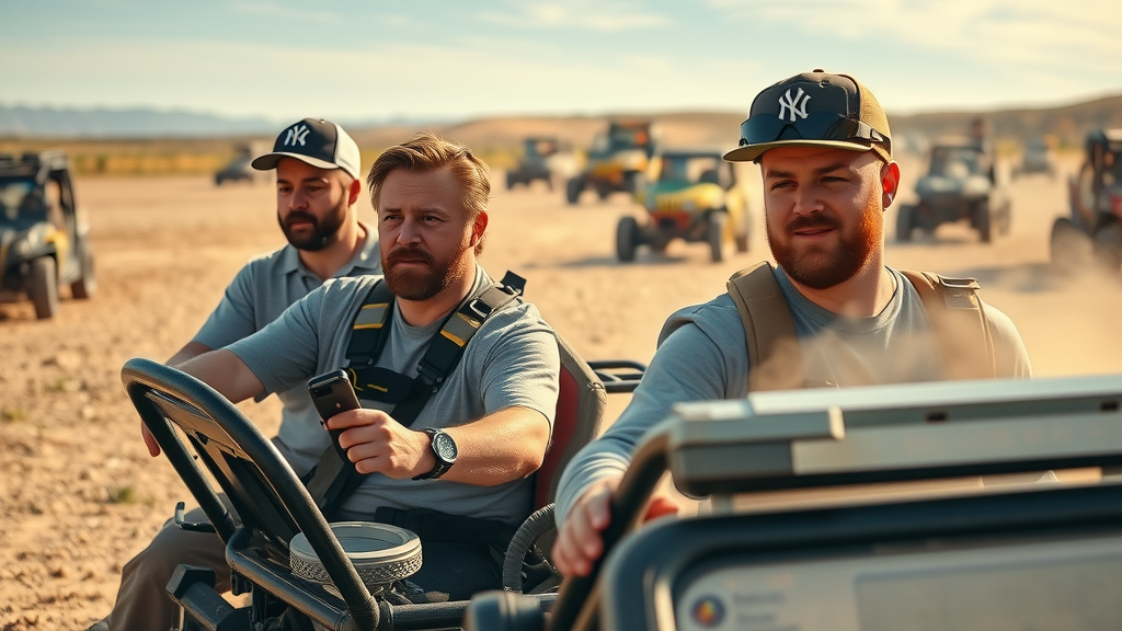 Small group of drivers studying off-road techniques, practicing maneuvers, off-road training ground, highly detailed off-road driving skills improvement