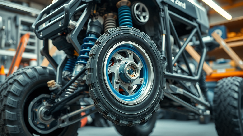 suspension system and wheel drive mechanism in off road vehicle performance - educational high-detail cutaway with visible parts and blue accents