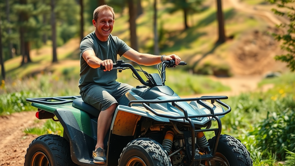 Beginner ATV rider demonstrating proper riding position for balance on forest trail