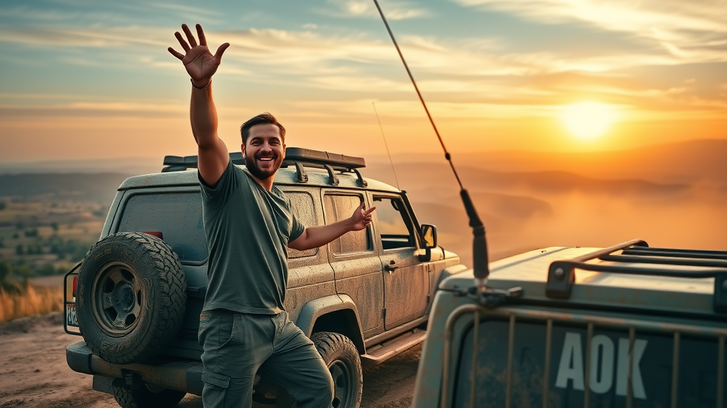 Enthusiastic driver celebrating successful off-road journey, mud-covered SUV, panoramic vista with sunset sky, off-road driving skills mastery