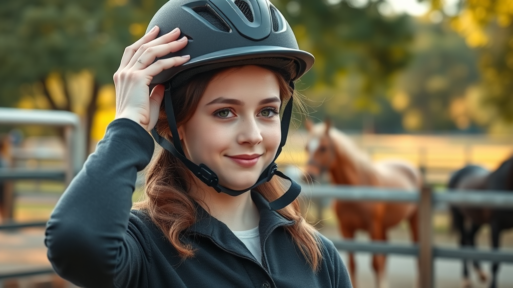 beginner riding advice – friendly beginner equestrian adjusting helmet at stable yard