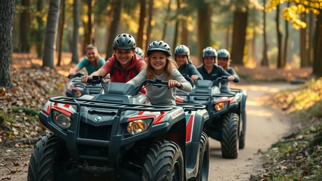 Dynamic group of beginner ATV riders on a winding woodland trail, focused expressions, riding carefully, forest background, dust trails, and sunlight filtering through trees, atv riding tips