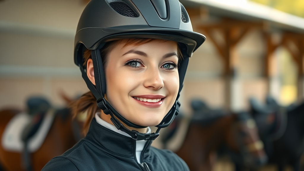 riding helmet: Focused rider wearing a modern equestrian helmet, smiling and prepared, with softly blurred stable and horses in the background, photorealistic.