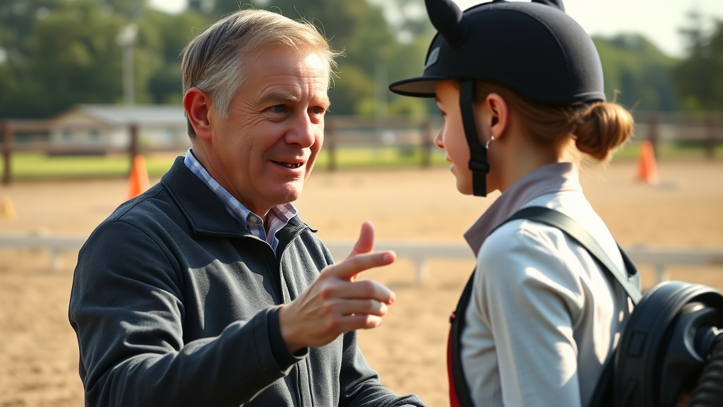 attentive horse riding instructor helping young rider correct mistakes for effective horseback riding tips