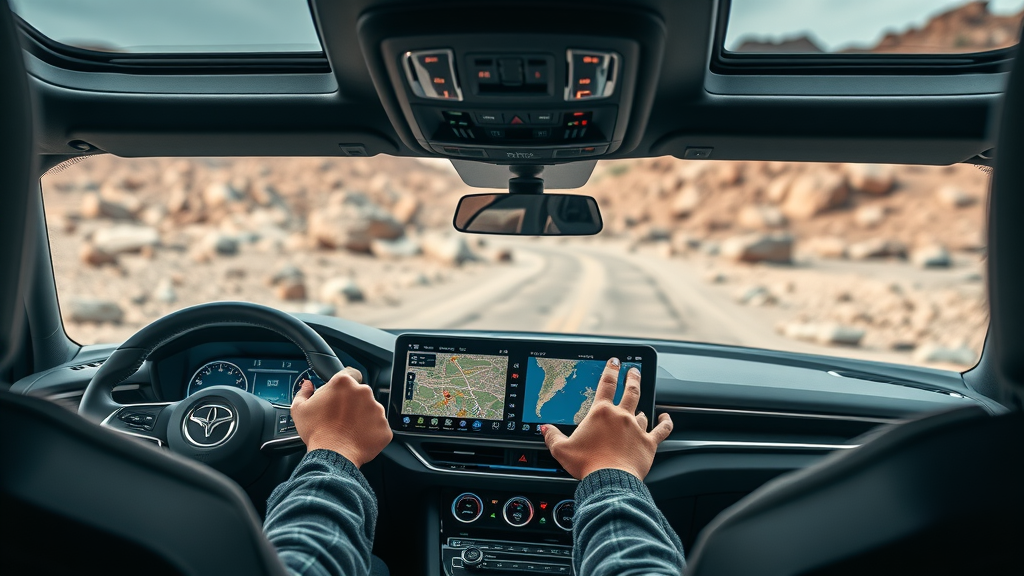 Advanced touchscreen navigation system in off road vehicle showing real time 3D terrain mapping