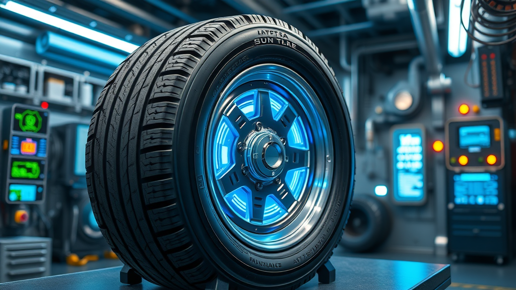 high-tech smart tire displaying embedded sensors, futuristic workshop with digital interfaces