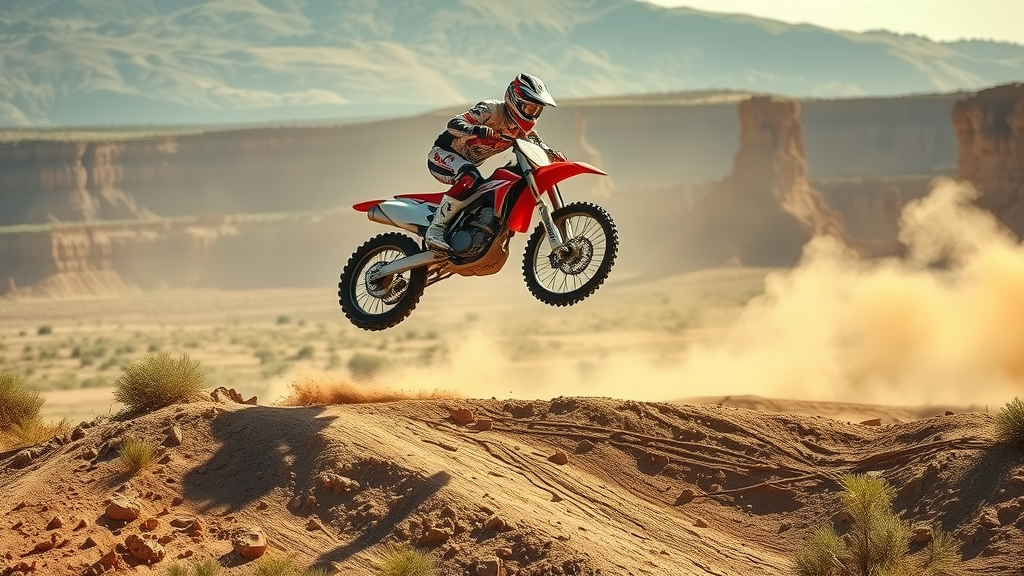 Agile dirt bike utilizing advanced off road vehicle technology, jumping over rugged terrain