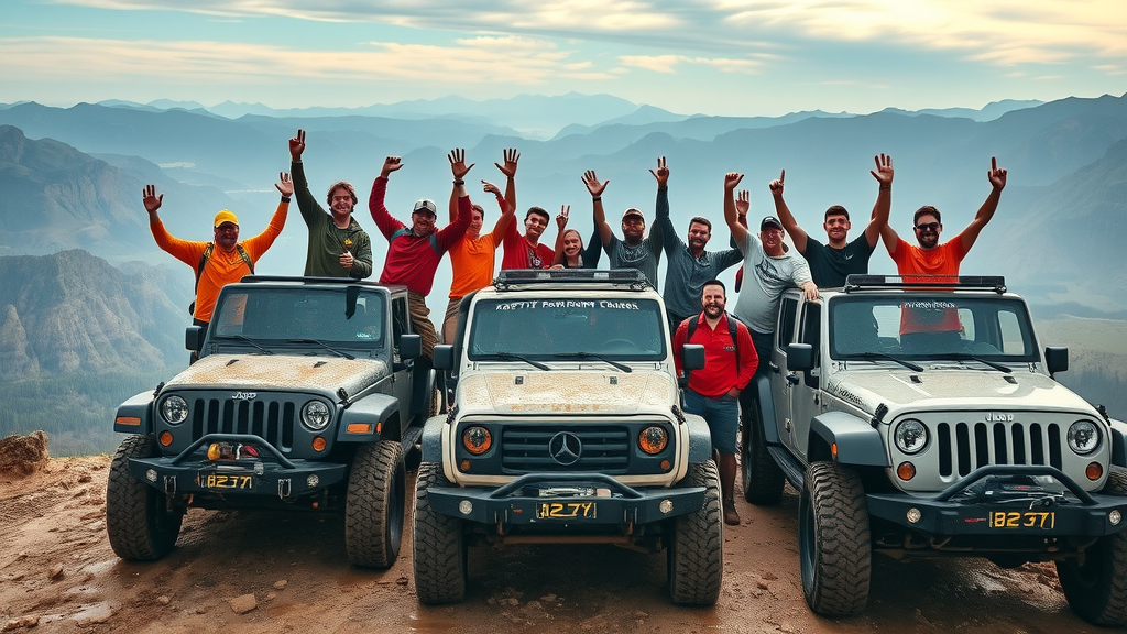off road vehicle performance success stories - group celebrating trail summit with muddy vehicles