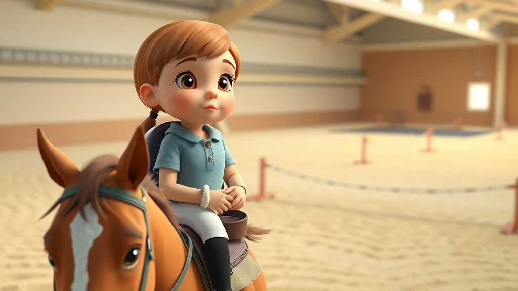 horseback riding tips: Beginner rider sitting upright on calm horse in riding arena
