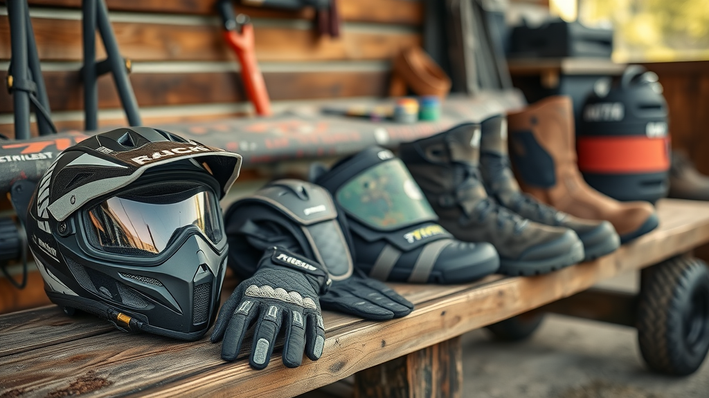 Premium ATV safety gear neatly arranged on wooden bench, atv riding gear