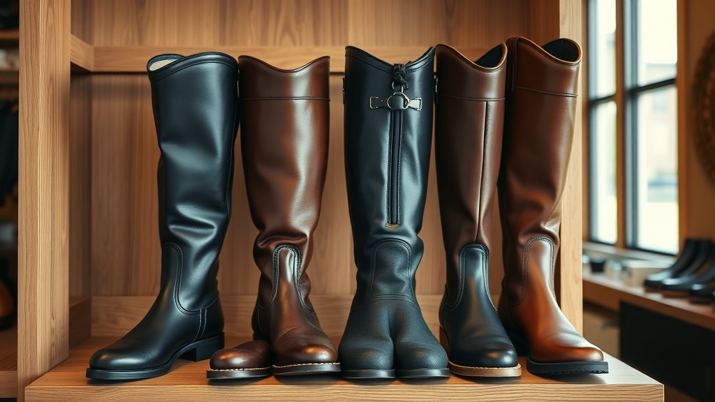 riding boots: Elegant display of new riding boots and paddock boots on wooden equestrian store shelves, rich leathers in brown and black, photorealistic, morning light.