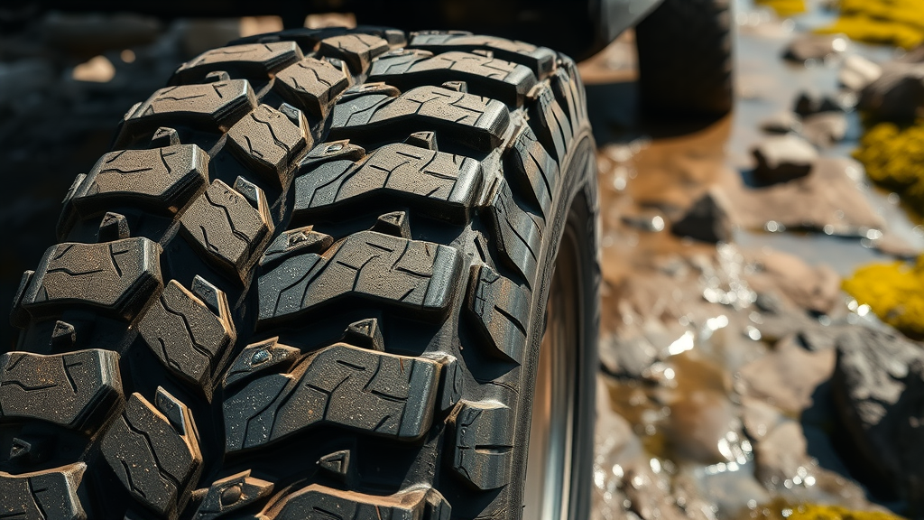 closeup of advanced off road tire tread gripping wet rock, highly detailed analytical view