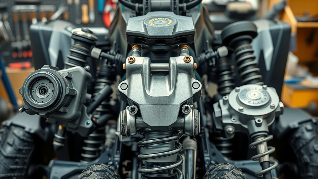 close-up of durable ATV components, contrasting engine sizes, suspensions, and modifications, ideal for advanced all-terrain vehicle techniques