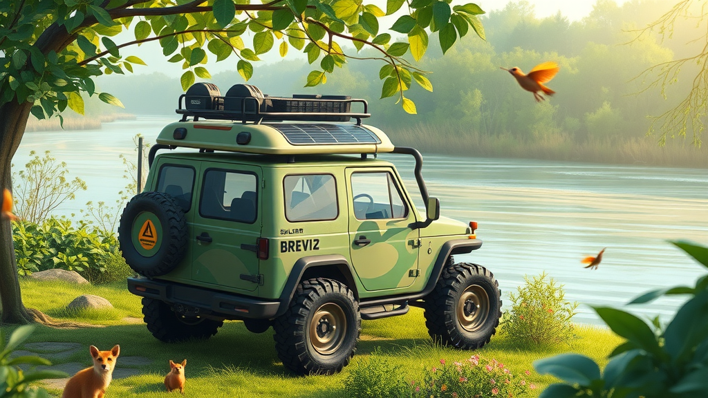 sustainable hybrid off-road vehicle parked near a riverbank with solar panels, lush landscape, and friendly wildlife; showcasing electric and hybrid innovation