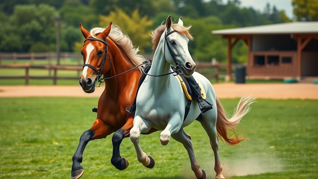 horse riding equipment: Dynamic horse and rider duo confidently cantering in a lush green paddock with a stable in the background. Photorealistic, detailed mane and dust, natural sunlight.