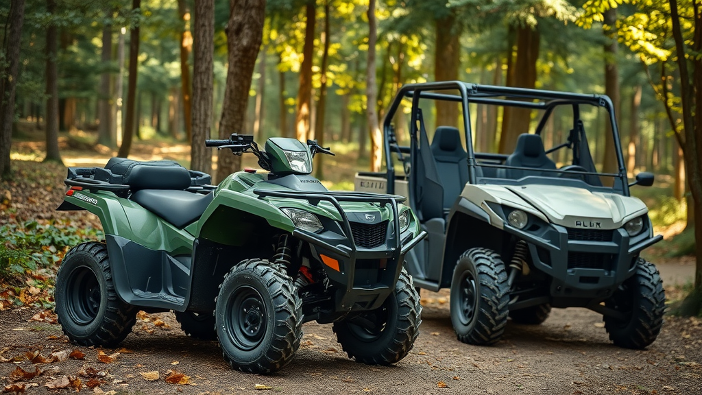 Rugged atv and utv parked on a forest trail, clean and well-maintained, with proud owner inspecting. The scene shows natural woodland with dappled sunlight, detailed leaves on the ground, in sharp focus, featuring deep green and earth tones.