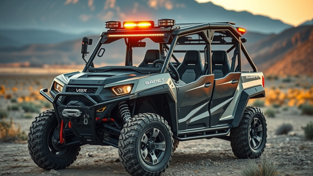 cutting-edge all-terrain vehicle with roll cage and airbags deployed – all terrain vehicle tech, winch system in operation, emergency accessories, rugged landscape
