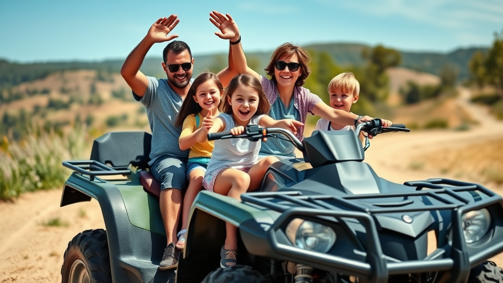 ATV family teaching and riding together on safe trail, trail riding, atv riding tips