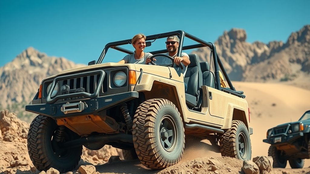 Adventurous off-road vehicle traversing rocky terrain with driver and co-driver smiling, representing recreational off-roading tips