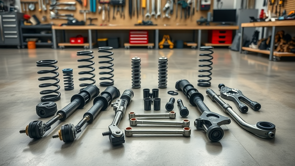 shinny new off-road suspension kit with springs, shock absorbers, control arms, bushings for off road suspension systems laid out in workshop