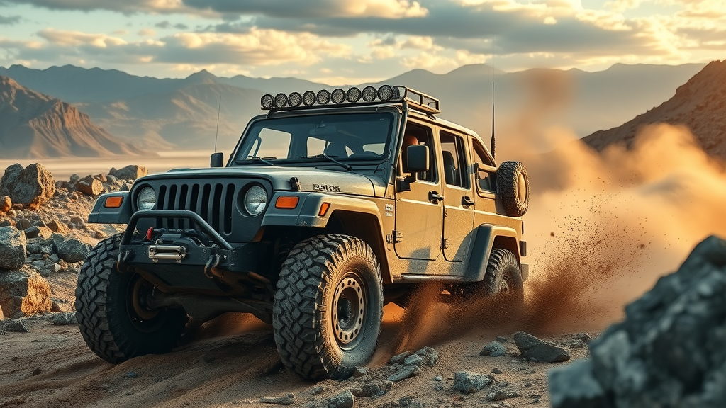 off road safety features vehicle on rugged terrain, overcoming obstacles, golden hour sunlight
