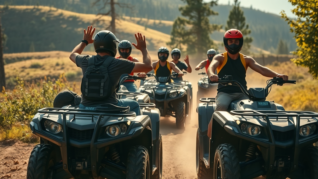 group of experienced ATV riders coordinating safe riding positions and signals in rugged forest terrain, illustrating advanced group all-terrain vehicle techniques