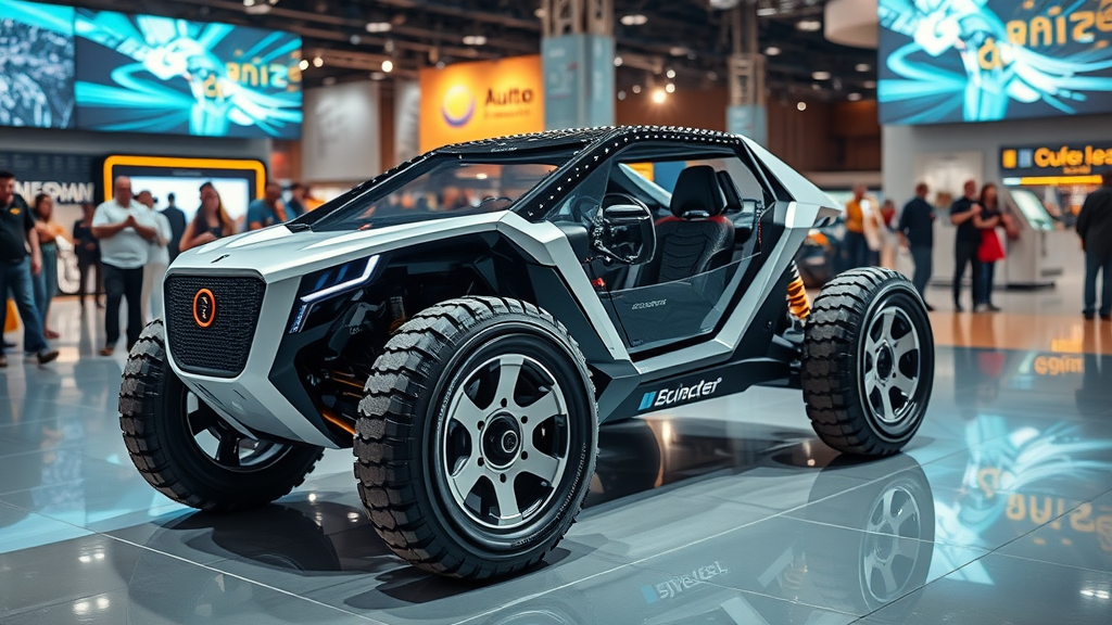 futuristic concept all-terrain vehicle prototype at auto expo – all terrain vehicle tech, digital screens, intrigued crowd, multicolored LEDs, ultra wide angle