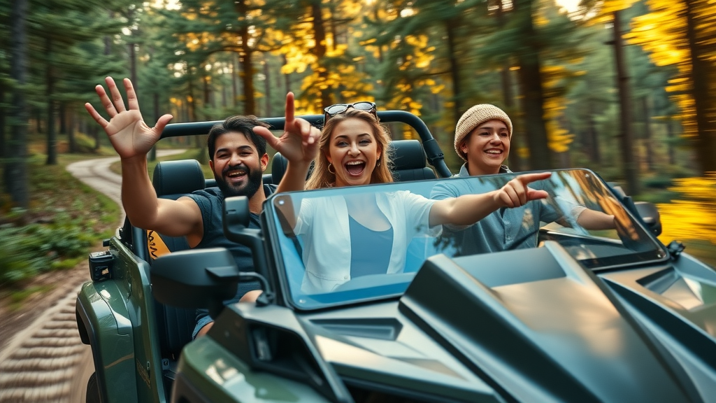 adventurous off-road enthusiasts driving in a modern all-terrain vehicle – all terrain vehicle tech, dense forest trail, motion blur, golden hour lighting