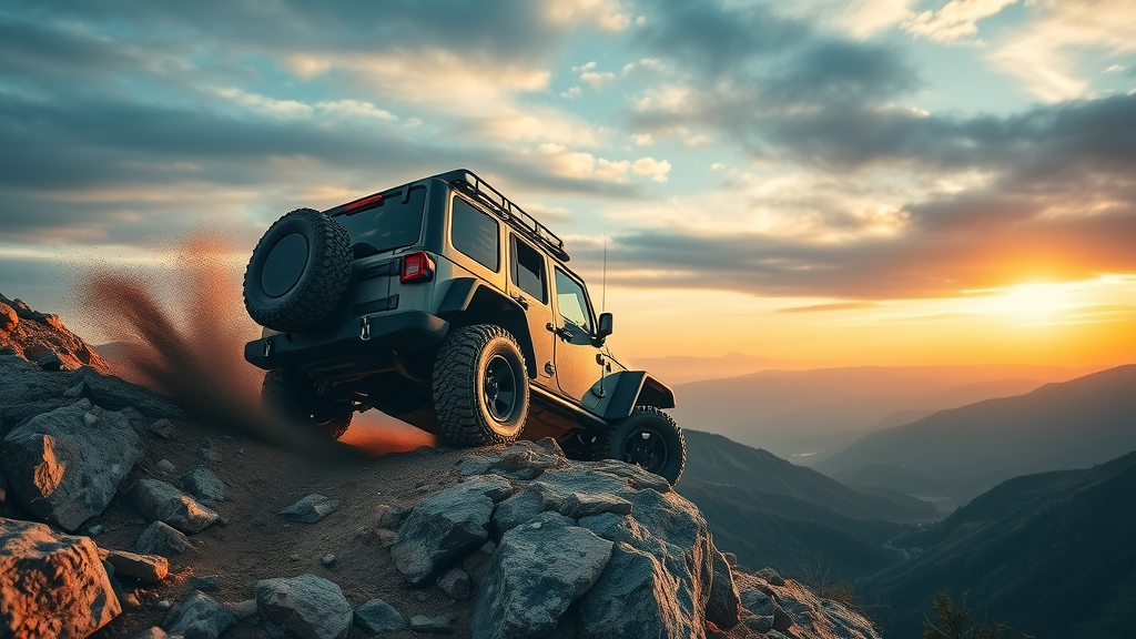 adventurous off road drivetrain innovations rocky path, mountainous terrain, gripping rocks, cinematic, intense action, dirt particles, sunlight shadow