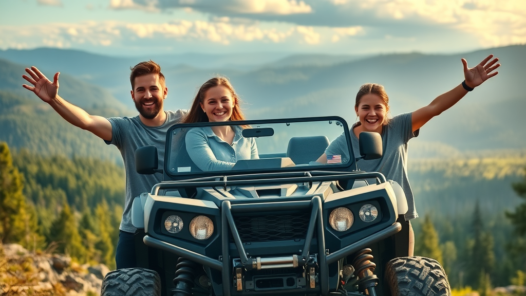 off road safety features adventurers celebrating equipped terrain vehicle panoramic wilderness