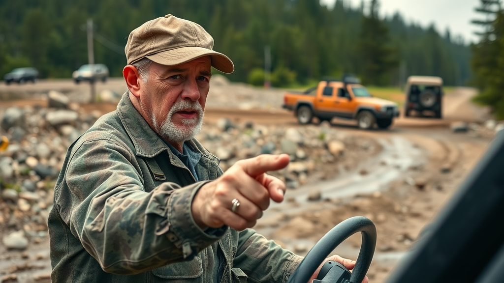 Veteran off-road driver giving hands-on advice to newcomers, pointing at a complex trail section, highly detailed, realistic off-road expert advice