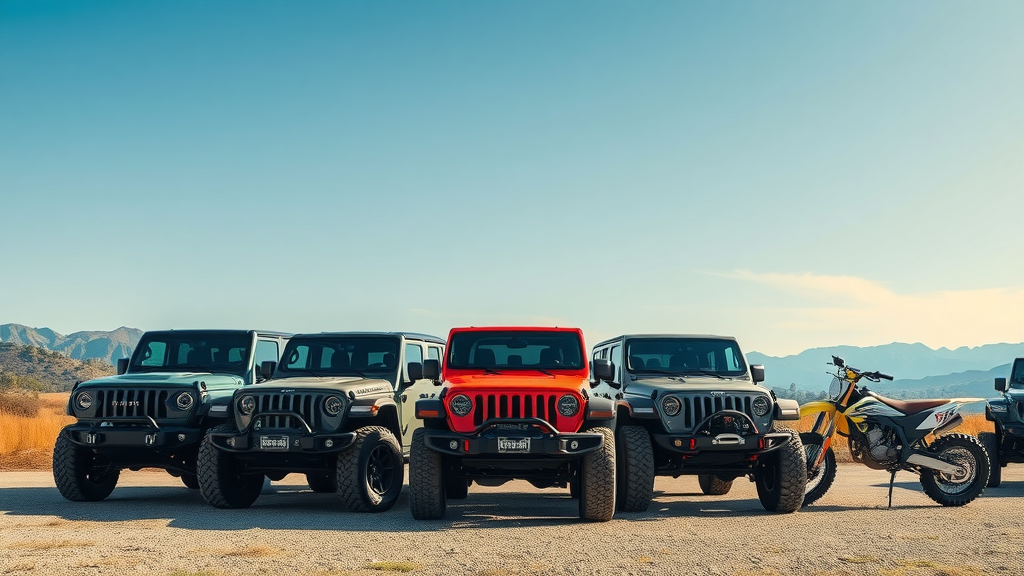 Lineup of Ford Bronco, Jeep Wrangler, Rivian R1T, and Yamaha dirt bike showcasing leading off road vehicle technology