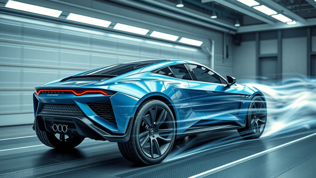 aerodynamic all-terrain vehicle body with advanced cooling vents – all terrain vehicle tech, airflow digital visualization, wind tunnel, metallic blue, carbon fiber textures