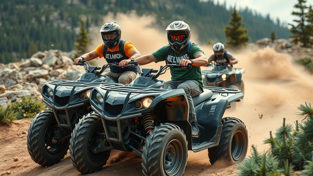 dynamic ATV riders in protective gear maneuvering over rugged terrain with mountainous forest and rocky trails, showcasing all-terrain vehicle techniques