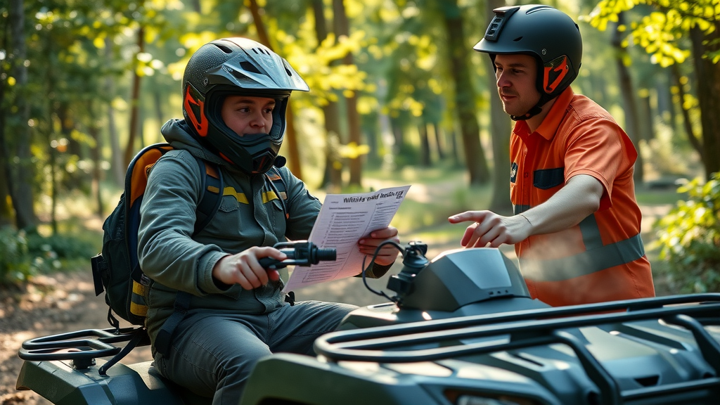 beginner atv riding advice instructor guiding novice rider on trail in full safety gear
