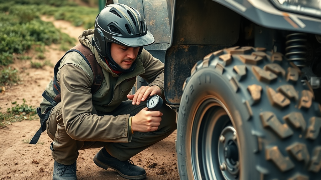 Rider in safety gear checking ATV tire pressure with a gauge, crouched near large rugged tire on a dirt trail, highly detailed tread and dust, natural daylight.