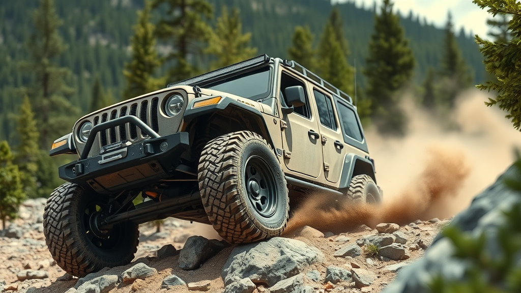 off road tire advancements on rugged vehicle climbing rocky terrain, focus on tires, mountainous forest background