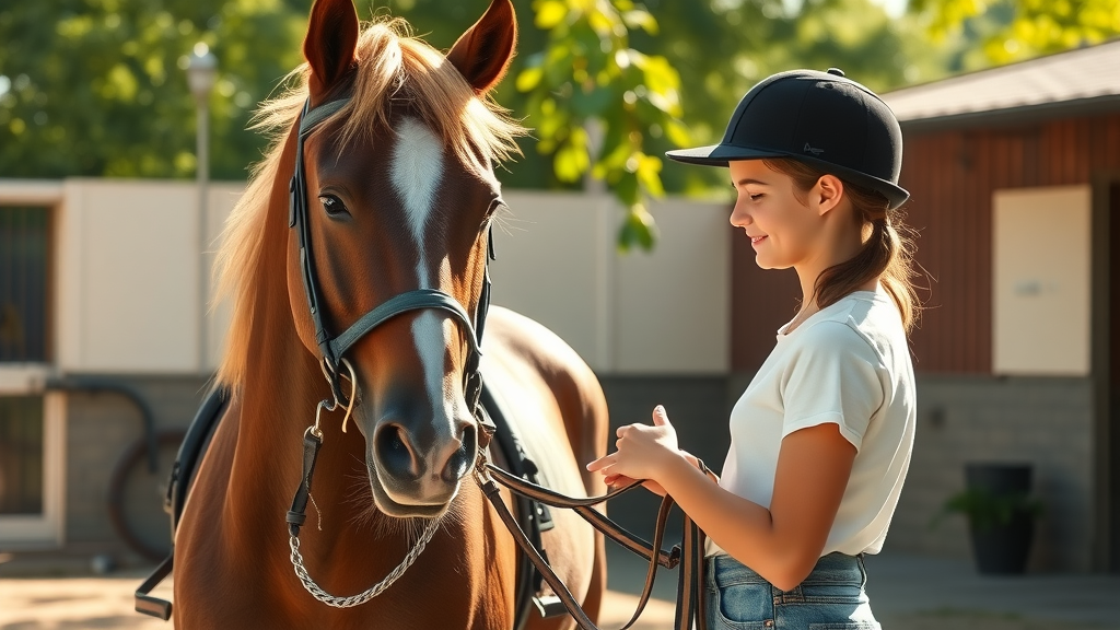 beginner riding advice – alert beginner and calm horse performing pre-ride tack check