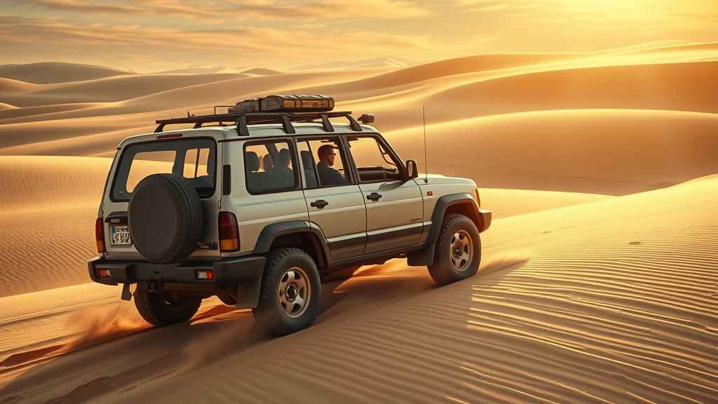 adventure SUV using off road suspension systems, comfortably crossing uneven desert dunes, suspension actively absorbing terrain