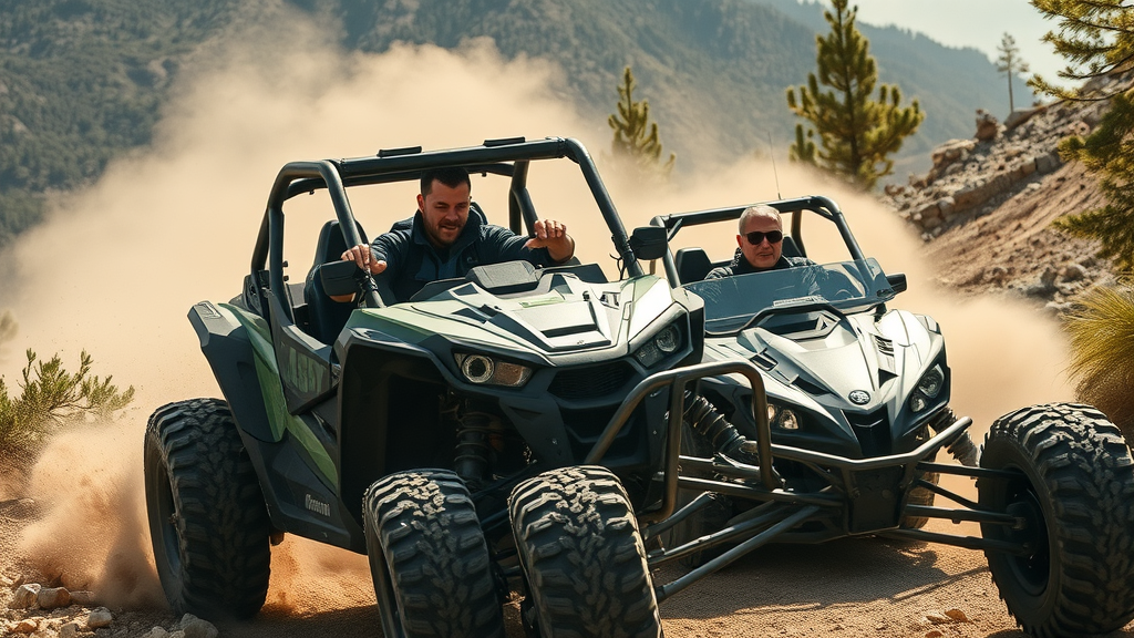 Dynamic electric off road vehicles surging up a mountain trail with rugged determined drivers, electric vehicles climbing rocky terrain, dust and sunlight, natural environment, Canon RF 24-70mm f/2.8L IS USM