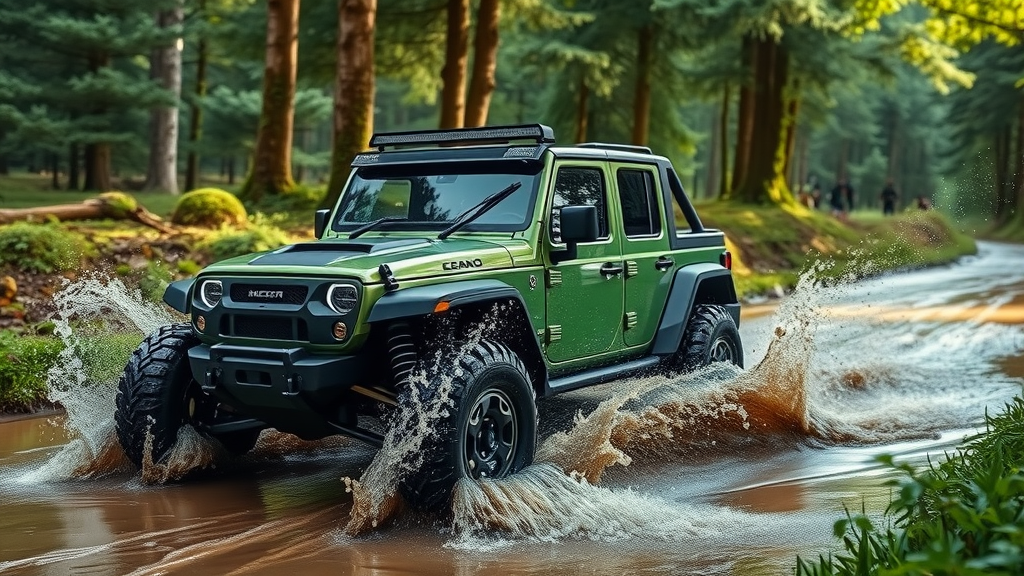 Electric off road vehicle with water-resistant suspension system crossing muddy trail