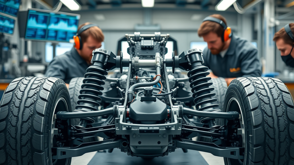 robust chassis with advanced suspension and tires in high-tech lab – terrain vehicle tech, detailed suspension coils, steel grey and blue, highly detailed engineering